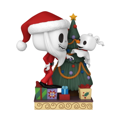 Figura de Jack Skellington vestido de Pai Natal com árvore de Natal e presentes