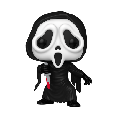 Figura colecionável Scream com máscara branca e túnica preta segurando faca