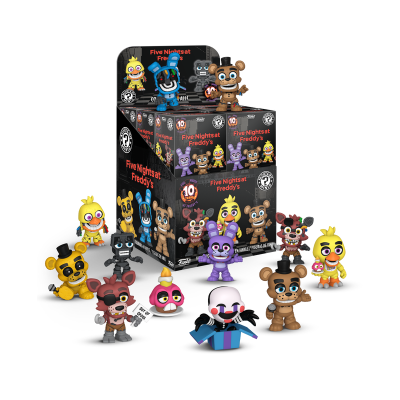 Figuras colecionáveis Five Nights at Freddy's coloridas em plástico com caixa preta ao fundo.