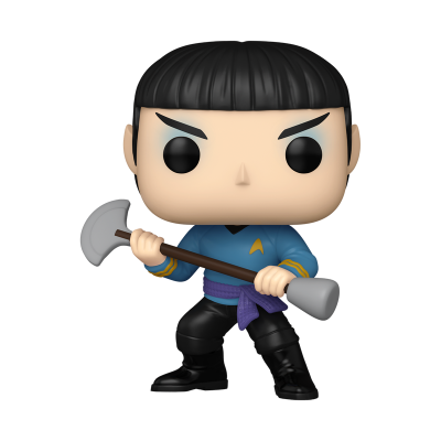 Boneco Funko Pop Mr. Spock com uniforme azul e machado cinzento