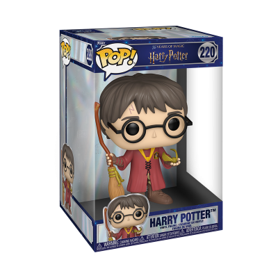 Figura Funko Pop! Harry Potter com vassoura e pomo de ouro em caixa azul