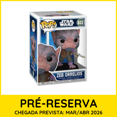 Funko Pop Zeb Orrelios Star Wars número 822 em caixa com fundo amarelo de pré-reserva.