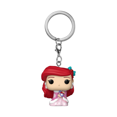 Chaveiro Funko Pop da personagem Ariel da Disney com vestido rosa e cabelo vermelho