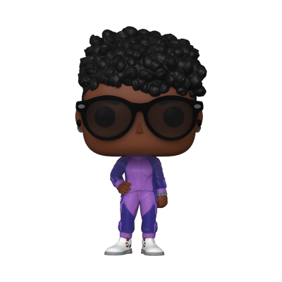 Figura colecionável estilizada com cabelo cacheado, óculos e roupa roxa
