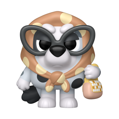 Figura estilizada de cão com lenço, óculos grandes e mala