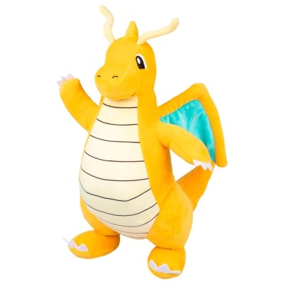 Boneco de pelúcia dragão amarelo com barriga creme e asas azuis