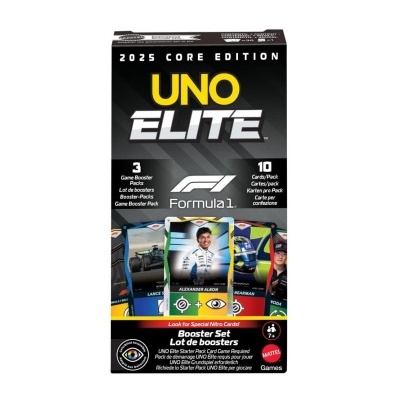Caixa do jogo de cartas UNO ELITE Formula 1 edição 2025 com imagens de cartas e texto multilingue