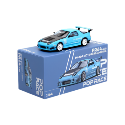 Miniatura carro Mazda RX7 azul claro com capô preto em caixa azul POP RACE