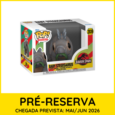 Figura colecionável Funko Pop! Baby Stegosaurus na caixa com texto e logótipo Jurassic Park