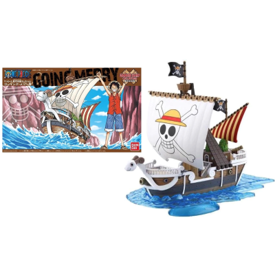 Barco de brinquedo 'Going Merry' com vela branca decorada e base simulando água