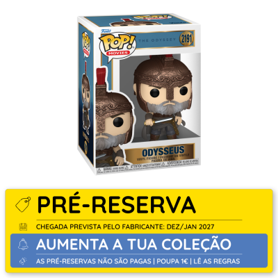 Boneco Funko Pop Odysseus com capacete e espada em caixa transparente, pré-reserva Dez/Jan 2027