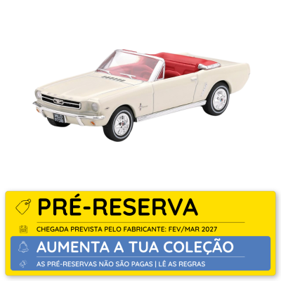 Miniatura carro descapotável Ford Mustang creme e vermelho com etiqueta pré-reserva.