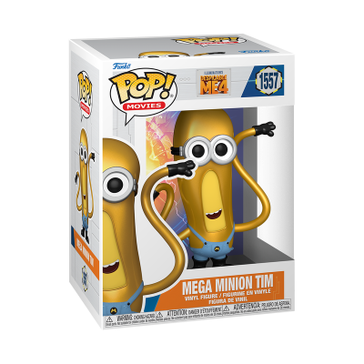 Figura de vinil Mega Minion Tim dentro de embalagem Pop! Movies com cores branca, azul, laranja e amarelo