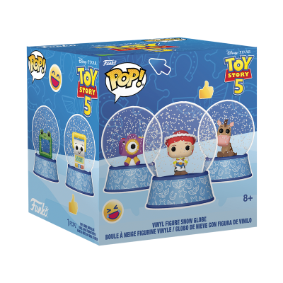 Caixa azul de brinquedo Funko Pop! Toy Story 5 com figuras em globos de neve