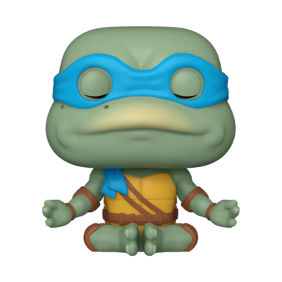Figura Funko Pop de tartaruga verde meditando com máscara azul.