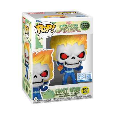 Boneco Funko Pop! Ghost Rider Marvel com cabelo em chamas dentro da caixa