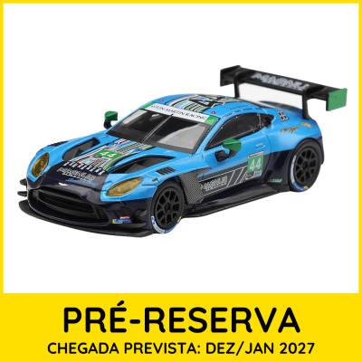 Miniatura de carro de corrida Aston Martin Racing azul com asa traseira preta e detalhes verdes