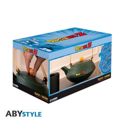 Embalagem azul com ilustração Dragon Ball Z contendo um bule de chá verde com pomo laranja em forma de bola estrela