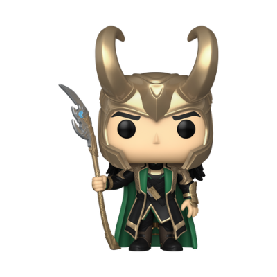 Figura Funko Pop de Loki com capacete dourado e capa verde