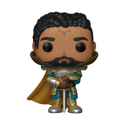 Figura colecionável Funko Pop com capa castanha e armadura dourada e azul