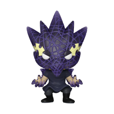 Figura colecionável estilo Pop Funko de personagem roxo com padrão em rede e roupa preta