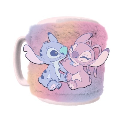 Caneca felpuda com Stitch e Angel em tons rosa e lilás