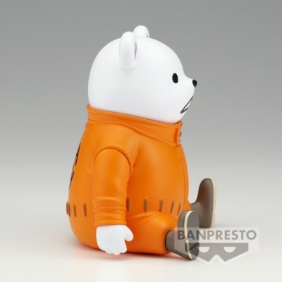 Figura de urso branco sentado com fato laranja e botas cinzentas