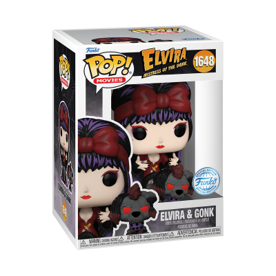 Miniatura Funko Pop! Elvira & Gonk em embalagem branca e transparente.