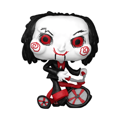 Figura Funko Pop do personagem Billy de Saw montado numa bicicleta