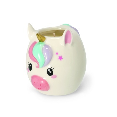 Vela decorativa em cerâmica com design de unicórnio colorido