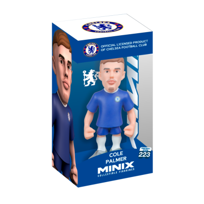 Figura colecionável do jogador Cole Palmer em miniatura de Chelsea FC na caixa