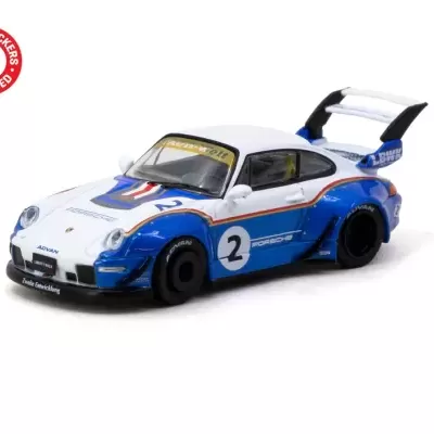 Miniatura de carro Porsche desportivo branco e azul com número 2 e asa traseira dupla