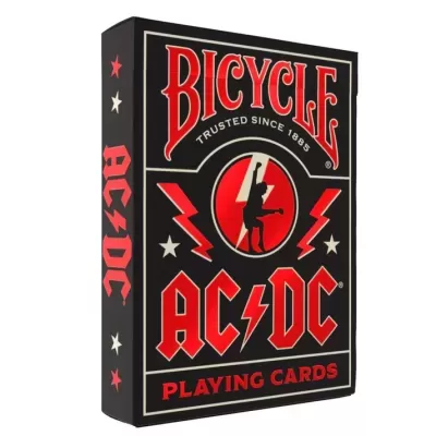 Baralho Bicycle AC/DC preto com vermelho e branco, texto e imagem de guitarrista