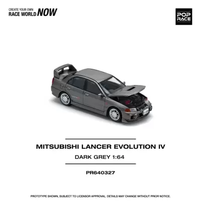 Miniatura do carro Mitsubishi Lancer Evolution IV cinza escuro 1:64 com capô aberto