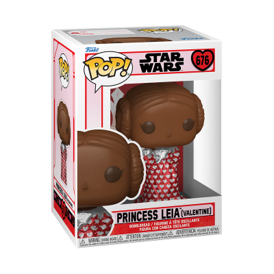 Funko Pop Princess Leia Valentine com vestido vermelho e corações brancos na caixa