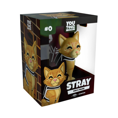 Figura colecionável de vinil 'STRAY' em caixa com ilustração de gato.
