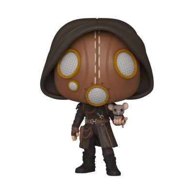 Figura Funko Pop com máscara marrom, capuz preto e rato cinzento