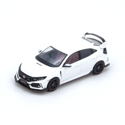 Miniatura de carro desportivo branco com spoiler e detalhes em preto e vermelho