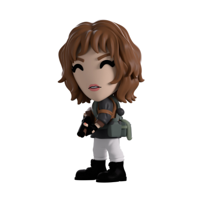 Miniatura de personagem feminina com roupa e mochila, segurando arma