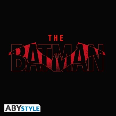 Texto THE BATMAN com padrão vermelho de morcego e logotipo ABYSTYLE no fundo preto
