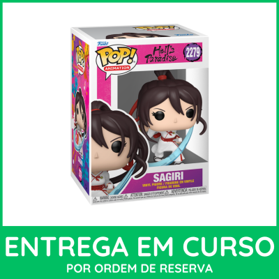 Funko POP! Sagiri da animação Hells Paradise numa caixa branca com detalhes em rosa e roxo