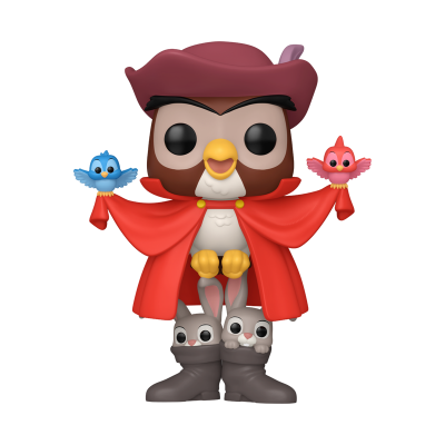 Figura Funko Pop coruja com chapéu vermelho, capa e dois pássaros coloridos, botas cinzentas com orelhas de coelho