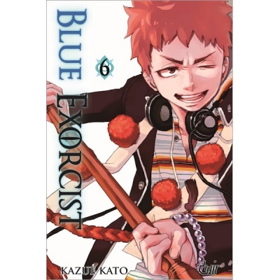 Capa do manga BLUE EXORCIST, volume 6, jovem ruivo com bastão e headphones