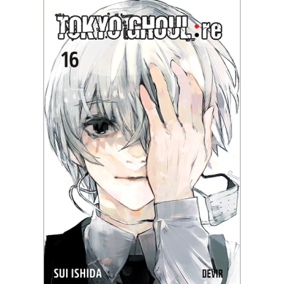 Capa do livro Tokyo Ghoul:re volume 16 com personagem de cabelo branco e texto da obra