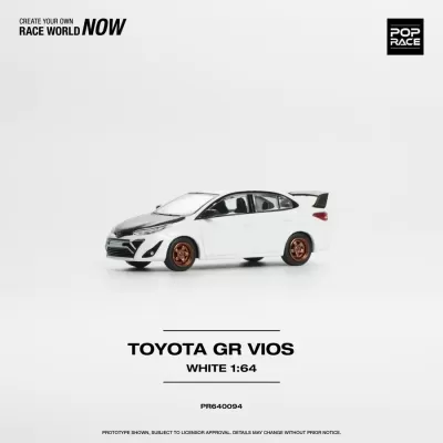 Miniatura de carro Toyota GR Vios branco e preto com jantes castanhas.
