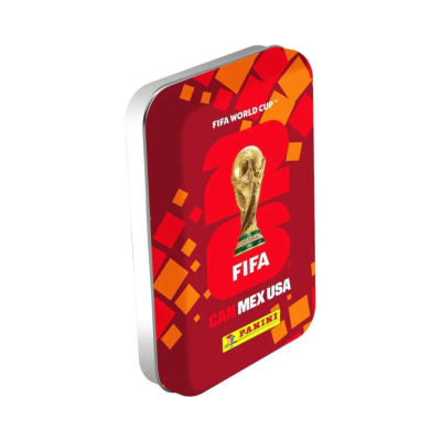 Lata vermelha Panini FIFA World Cup 2026 com design dourado e laranja