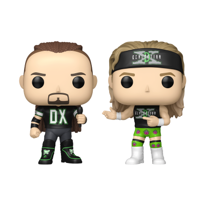 Duas figuras Funko Pop de wrestlers com roupas pretas e verdes