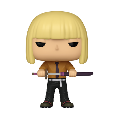 Figura colecionável Funko Pop com cabelo loiro e roupa preta e castanha