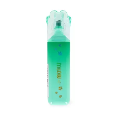 Frasco verde com tampa em forma de pata de gato e decoração de patas e texto meow