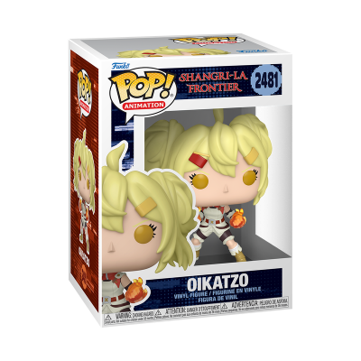 Figura Funko Pop Oikatzo Shangri-La Frontier com cabelo loiro, roupa branca e bola de fogo, em caixa de exposição